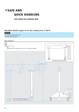 ROLLBLOC Mobile Support FF for Die Loading Arms CT 06/10
Universal
Order
code
FF 6 H. . . .
į
H
Order designation
Height of the table above the floor in millimetres (4 digits)
To suspend the die loading arm
Lift with pedal operation
44
Upper edge of table
H
E
CSAFE AND
QUICK HANDLING
FOR LARGE DIE LOADING ARM
Load is removed from the transport aid
in the case of adapted die loading arms
Die loading arm disconnected
 