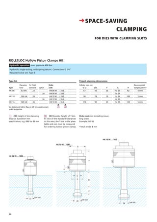 W
D
DIN 650
28
H
G
E
F
S
46
ROLLBLOC Hollow Piston Clamps HK
Hydraulic operation max. pressure 400 bar
Clamping
force
63 kN
100 kN
160 kN
Standard
22
28
36
For T-slot
Option
28
36
Ø E
55
78
90
Order
code
HK06 W. . . / 22S. . .
HK06 W. . . / 28S. . .
HK10 W. . . / 28S. . .
HK10 W. . . /36 S. . .
HK16 W. . . /36 S. . .
Type list
Type
HK 06
HK 10
HK 16
Ø D
67
90
116
Preis DM
pro Stück
8
F
26
19
30
G
M 20
M 24
M 24
M 30
M 30
H
92
100
120
Recommended
clamping stroke*
5 mm
5 mm
5 mm
Project planning dimensions
Cylinder size, mm
DIN 650
22
DIN 65036
Order code not including moun-
ting screw
Example: HK 06
*Total stroke 8 mm
į
2
į
1
Hydraulic single-acting, with spring return. Connection G 1/4"
Required valve set: Type E
HK 06 W. . . /22S. . .
HK 10 W. . . /28S. . .
HK 16 W. . . /36S. . .
CSPACE-SAVING
CLAMPING
FOR DIES WITH CLAMPING SLOTS
See below and fold-in flap on left for supplementary
order designation
(W) Height of die clamping
edge as 3-position mm
specification, e.g. 086 for 86 mm
(S) Shoulder height of T-slot.
In view of the standard tolerances
in this area, the T-slot in the press
table and ram must be measured
for ordering hollow piston clamps.
1 2
 