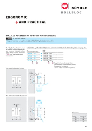 47
ROLLBLOC Park Station PH for Hollow Pistion Clamps HK
1 version for press bed and ram
The park station can be supplemented by a ROLLBLOC hydraulic distributor plate
100
75
M10 –
30 deep
90
30
K
35
S+W
75
100
22
28
36
35
90
S+W
M10 –
30 deep
30
K
Selection list – park stations PH (also for combination with hydraulic distributor plates – see page 56)
ERGONOMIC
AND PRACTICAL
Slot size
22
28
36
Dimension "K"
70
80
90
Dimensions
Park station mounted to the ram
Park station mounted to the press bed
C
For
hollow piston clamps/type
HK06 W. . . / 22S. . .
HK06 W. . . / 28S. . .
HK10 W. . . / 28S. . .
HK10 W. . . /36 S. . .
HK16 W. . . /36 S. . .
į
2
į
1
C
C
C
C
C
Preis DM
pro Stück
8
Order
code
PH 06 W. . . / 22S. . .
PH 06 W. . . / 28S. . .
PH 10 W. . . / 28S. . .
PH 10 W. . . /36 S. . .
PH 16 W. . . /36 S. . .
į
2
į
1 Supplementary order designation
corresponding to hollow piston clamps
(explanation on Page 46
and on fold-in flap order designation)
The ROLLBLOC park stations must
be ordered matching the selected
and 'measured' ROLLBLOC hollow
piston clamps. Use the dimensions
from your hollow piston
clamps order.
21
 
