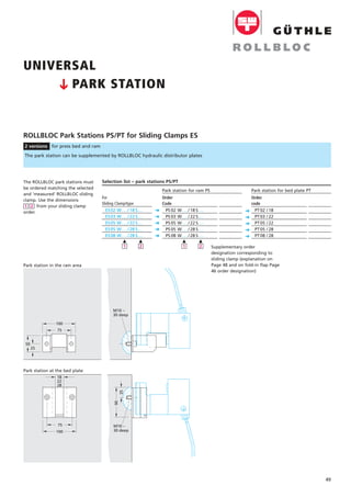 M10 –
30 deep
UNIVERSAL
PARK STATION
49
Order
code
PT02 / 18
PT03 / 22
PT05 / 22
PT05 / 28
PT08 / 28
Preis DM
pro Stück
8
ROLLBLOC Park Stations PS/PT for Sliding Clamps ES
2 versions for press bed and ram
For
Sliding Clamp/type
ES02 W. . . / 18 S. . .
ES03 W. . . / 22 S. . .
ES05 W. . . / 22 S. . .
ES05 W. . . / 28 S. . .
ES08 W. . . / 28 S. . .
Park station for bed plate PT
Selection list – park stations PS/PT
į
2
į
1
The park station can be supplemented by ROLLBLOC hydraulic distributor plates
Park station for ram PS
C
C
C
C
C
C
C
C
C
C
Preis DM
pro Stück
8
Order
Code
PS 02 W. . . / 18 S. . .
PS 03 W. . . / 22 S. . .
PS 05 W. . . / 22 S. . .
PS 05 W. . . / 28 S. . .
PS 08 W. . . / 28 S. . .
į
2
į
1
100
75
50
25
Park station in the ram area
Supplementary order
designation corresponding to
sliding clamp (explanation on
Page 48 and on fold-in flap Page
46 order designation)
C
The ROLLBLOC park stations must
be ordered matching the selected
and 'measured' ROLLBLOC sliding
clamp. Use the dimensions
from your sliding clamp
order.
21
90
35
M10 –
30 deep
75
100
18
22
28
Park station at the bed plate
 
