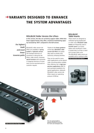 For highest
loads
and exact
linear
traverse paths
ROLLBLOC Roller Version Die Lifters
ROLLBLOC
Table Inserts
ROLLBLOC roller version die
lifters are available in spring-
loaded or hydraulic version.
The standard direction of
movement is along the die
lifters, roller version. However,
special versions with transverse
or diagonal direction of move-
ment can be manufactured on
customer request.
These inserts are designed as
individual spring-loaded ball
or roller units. ROLLBLOC table
inserts are frequently used in
transfer zones or on press
tables with insufficient T-slots.
A simple hole is all that is need-
ed to accept these units.
The ROLLBLOC table inserts are
available with or without collar.
In this version, the dies are carried by support rollers. With their
linear support format, they offer a maximum load bearing capac-
ity increased by 100% compared to the ball version.
Order information from Page 22
The new spring-loaded or
hydraulic ROLLBLOC die lifters
for T-slots and rectangular slots
Thanks to the linear guidance
of the dies, ROLLBLOC roller
version die lifters are prefer-
ably used on presses with
stationary clamping facilities.
They can be used for many
other applications as the special
roller mounting system enables
their effective use in high tem-
perature applications (200 °C)
and overhead installation for
special applications. Hydraulic
ROLLBLOC roller version die
lifters require an operating
pressure of 80 bar.
4
Order information from Page 13
CVARIANTS DESIGNED TO ENHANCE
THE SYSTEM ADVANTAGES
 