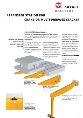 5
ROLLBLOC overhung version
die loading arms CK
With attachment in hooks
enabling quick mounting at
the press table
ROLLBLOC swivel die loading arms CS
Fixed with swivel bearing
at the press table.
Locking with index pin
ROLLBLOC bridge version die loading arms CT
Mounted on both sides, with attachment
in hooks and adjustable support leg
with transport rollers
The cantilever rollers are
hardened. They therefore
provide the optimum
preconditions for smooth,
linear and therefore safe
transfer of all types of dies
For safe and reliable
machine setup
with fork-lift truck
or crane
ROLLBLOC Die Loading Arms
ROLLBLOC die loading arms extend the press table to create
space for quick, safe and reliable die transfer. The clear access to
the underside of the die is ideal for the use of conventional
fork-lift trucks.
The ball bearing-mounted load
carrying rollers of the ROLL-
BLOC die loading arms ensure
smooth linear movement.
Only slight displacement force
need to be applied even for the
heaviest dies.
Swivel-mounted die loading
arms are designed for fixed
installation on press tables.
Depending on the length of the
extension arm, the clear span
between the die loading arms
and the press surroundings can
be selected from various combi-
nations of swivel movement
and swivel direction.
CTRANSFER STATION FOR
CRANE OR MULTI-PURPOSE STACKER
As an alternative to the fixed
swivel die loading arms, ROLL-
BLOC overhung version die
loading arms and ROLLBLOC
bridge version die loading arms
can be used for the purposes of
effectively changing dies. In
addition to this comprehensive
range of products, special ver-
sions/adaptations are available
for extraordinary mounting sit-
uations.
Order information from Page 27
ROLLBLOC die loading arms are
generally not required when
changing dies with the die
transporter ROLLBLOC BUGGY
(Page 12).
 