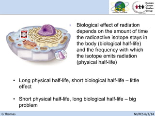 G Thomas NI/RCS 6/2/14
Biological effect of radiation
depends on the amount of time
the radioactive isotope stays in
the body (biological half-life)
and the frequency with which
the isotope emits radiation
(physical half-life)
• Long physical half-life, short biological half-life – little
effect
• Short physical half-life, long biological half-life – big
problem
 