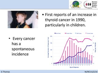 G Thomas NI/RCS 6/2/14
• First reports of an increase in
thyroid cancer in 1990,
particularly in children.
• Every cancer
has a
spontaneous
incidence
 
