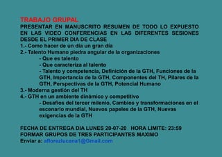 TRABAJO GRUPAL
PRESENTAR EN MANUSCRITO RESUMEN DE TODO LO EXPUESTO
EN LAS VIDEO CONFERENCIAS EN LAS DIFERENTES SESIONES
DESDE EL PRIMER DIA DE CLASE
1.- Como hacer de un día un gran día
2.- Talento Humano piedra angular de la organizaciones
- Que es talento
- Que caracteriza al talento
- Talento y competencia, Definición de la GTH, Funciones de la
GTH, Importancia de la GTH, Componentes del TH, Pilares de la
GTH, Perspectivas de la GTH, Potencial Humano
3.- Moderna gestión del TH
4.- GTH en un ambiente dinámico y competitivo
- Desafíos del tercer milenio, Cambios y transformaciones en el
escenario mundial, Nuevos papeles de la GTH, Nuevas
exigencias de la GTH
FECHA DE ENTREGA DIA LUNES 20-07-20 HORA LIMITE: 23:59
FORMAR GRUPOS DE TRES PARTICIPANTES MAXIMO
Enviar a: aflorezlucana1@Gmail.com
 