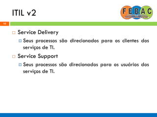 ITIL v2
10
 Service Delivery
 Seus processos são direcionados para os clientes dos
serviços de TI.
 Service Support
 Seus processos são direcionados para os usuários dos
serviços de TI.
 