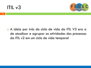 ITIL v3
12
 A ideia por trás do ciclo de vida do ITIL V3 era a
de atualizar e agrupar as atividades dos processos
da ITIL v2 em um ciclo de vida temporal
 