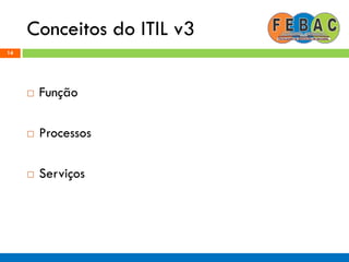 Conceitos do ITIL v3
14
 Função
 Processos
 Serviços
 
