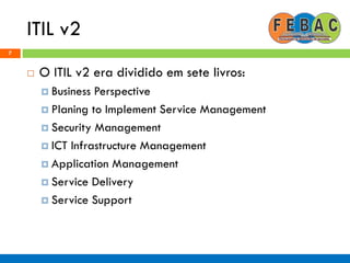 ITIL v2
7
 O ITIL v2 era dividido em sete livros:
 Business Perspective
 Planing to Implement Service Management
 Security Management
 ICT Infrastructure Management
 Application Management
 Service Delivery
 Service Support
 