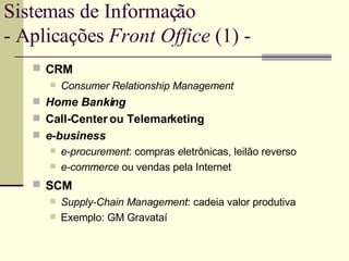 Sistemas de Informação - Aplicações  Front Office  (1) -  CRM   Consumer Relationship Management Home Banking Call-Center ou Telemarketing e-business  e-procurement : compras  e letrônicas, leilão reverso e-commerce  ou vendas pela Internet SCM   Supply-Chain Management : cadeia valor produtiva Exemplo: GM Gravataí 