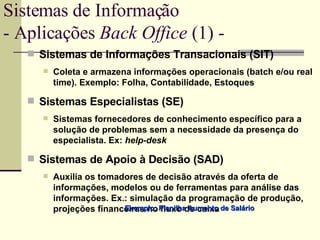 Sistemas de Informações Transacionais (SIT) Coleta e armazena informações operacionais (batch e/ou real time). Exemplo: Folha, Contabilidade, Estoques Sistemas Especialistas (SE) Sistemas fornecedores de conhecimento específico para a solução de problemas sem a necessidade da presença do especialista. Ex:  help-desk Sistemas de Apoio à Decisão (SAD) Auxilia os tomadores de decisão através da oferta de informações, modelos ou de ferramentas para análise das informações. Ex.: simulação da programação de produção, projeções financeiras no fluxo de caixa Sistemas de Informação - Aplicações  Back Office  (1) -  Exemplo: Planilha Aumento de Salário 