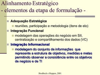 Alinhamento Estratégico - elementos da etapa de formulação - Adequação Estratégica   reuniões, participação e metodologia (itens de elo) Integração Funcional   modelagem das operações do negócio em SII, centralização e compartilhamento dos dados (VC) Integração Informacional   modelagem do conjunto de informações  que represente a estrutura de objetivos, medidas e metas permitindo observar a consistência entre os objetivos de negócio e de TI Brodbeck e Hoppen, 2001 