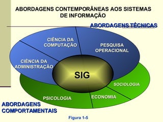 ABORDAGENS CONTEMPORÂNEAS AOS SISTEMAS DE INFORMAÇÃO SOCIOLOGIA ECONOMIA PSICOLOGIA CIÊNCIA DA COMPUTAÇÃO PESQUISA OPERACIONAL CIÊNCIA DA ADMINISTRAÇÃO ABORDAGENS TÉCNICAS SIG ABORDAGENS COMPORTAMENTAIS Figura 1-5 