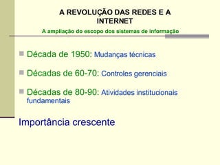 Década de 1950:  Mudanças técnicas Décadas de 60-70:  Controles gerenciais Décadas de 80-90:  Atividades institucionais fundamentais Importância crescente A REVOLUÇÃO DAS REDES E A INTERNET A ampliação do escopo dos sistemas de informação 