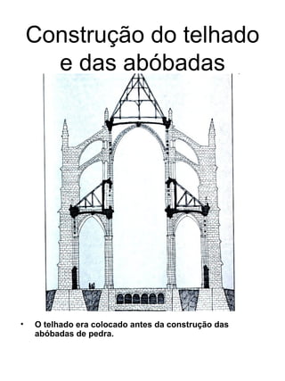 Construção do telhado
      e das abóbadas




•   O telhado era colocado antes da construção das
    abóbadas de pedra.
 