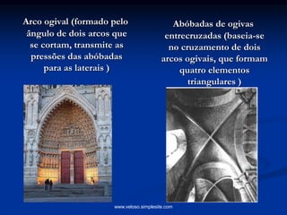 Arco ogival (formado pelo
ângulo de dois arcos que
se cortam, transmite as
pressões das abóbadas
para as laterais )
Abóbadas de ogivas
entrecruzadas (baseia-se
no cruzamento de dois
arcos ogivais, que formam
quatro elementos
triangulares )
www.veloso.simplesite.com
 