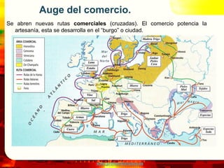 Auge del comercio.
Se abren nuevas rutas comerciales (cruzadas). El comercio potencia la
  artesanía, esta se desarrolla en el “burgo” o ciudad.




                               www.profesorfrancisco.es
 