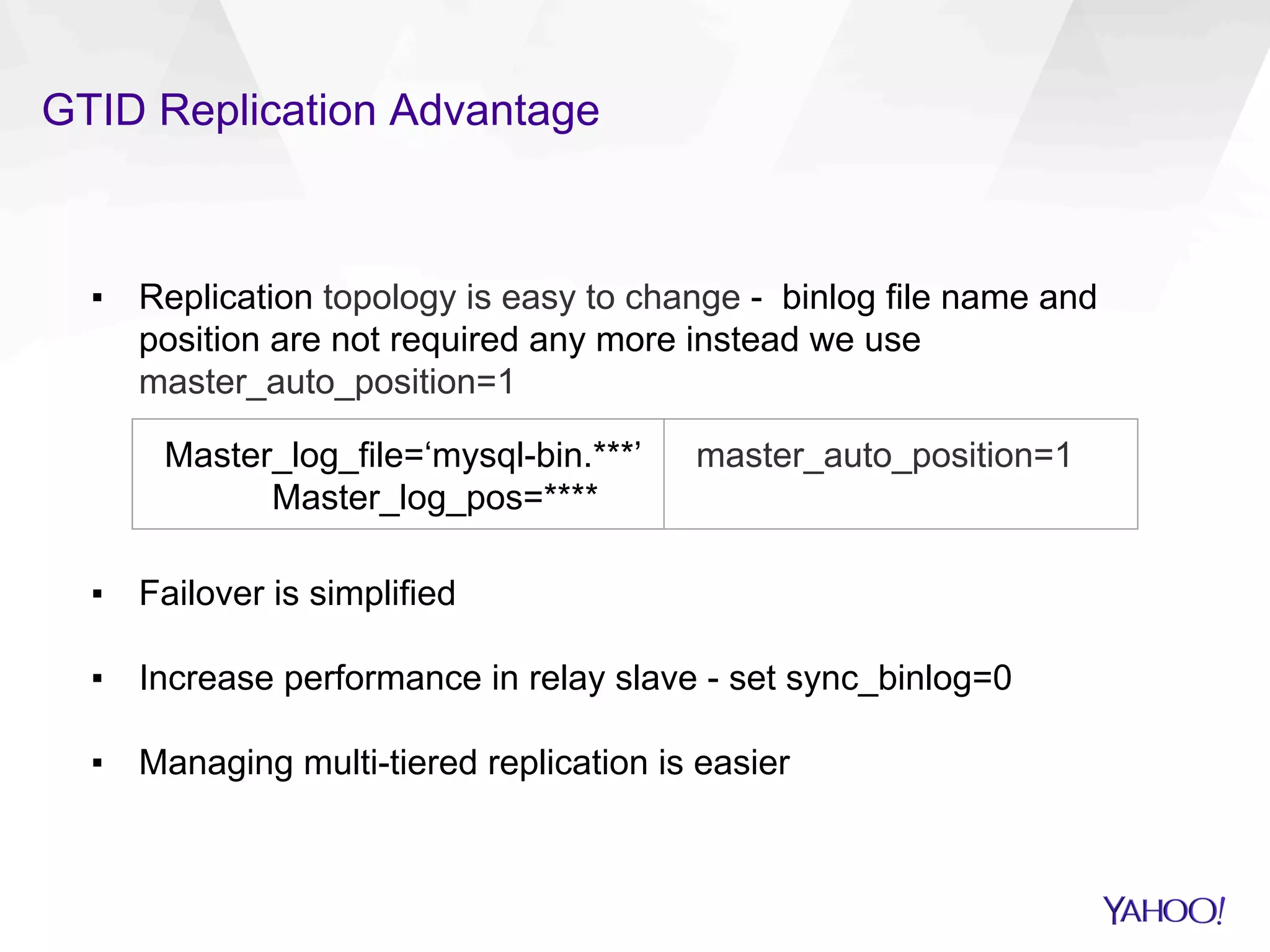 GTID Replication Advantage
▪  Replication topology is easy to change - binlog file name and
position are not required any more instead we use
master_auto_position=1
▪  Failover is simplified
▪  Increase performance in relay slave - set sync_binlog=0
▪  Managing multi-tiered replication is easier
Master_log_file=‘mysql-bin.***’
Master_log_pos=****
master_auto_position=1
 