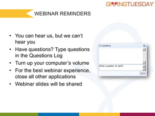 WEBINAR REMINDERS

• You can hear us, but we can’t
hear you
• Have questions? Type questions
in the Questions Log
• Turn up your computer’s volume
• For the best webinar experience,
close all other applications
• Webinar slides will be shared

 