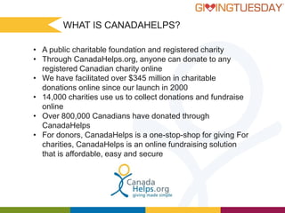 WHAT IS CANADAHELPS?
• A public charitable foundation and registered charity
• Through CanadaHelps.org, anyone can donate to any
registered Canadian charity online
• We have facilitated over $345 million in charitable
donations online since our launch in 2000
• 14,000 charities use us to collect donations and fundraise
online
• Over 800,000 Canadians have donated through
CanadaHelps
• For donors, CanadaHelps is a one-stop-shop for giving For
charities, CanadaHelps is an online fundraising solution
that is affordable, easy and secure

WELCOME TO GIVING MADE SIMPLE!

 