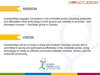 MISSION
CanadaHelps engages Canadians in the charitable sector, providing accessible
and affordable online technology to both donors and charities to promote – and
ultimately increase – charitable giving in Canada.

VISION
CanadaHelps strives to build a caring and involved Canadian society that is
committed to giving and participating effectively in the charitable sector, using
technology to create an efficient connection between charities, donors, and the
corporate community.

 