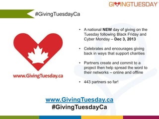 #GivingTuesdayCa
• A national NEW day of giving on the
Tuesday following Black Friday and
Cyber Monday – Dec 3, 2013

• Celebrates and encourages giving
back in ways that support charities
• Partners create and commit to a
project then help spread the word to
their networks – online and offline
• 443 partners so far!

www.GivingTuesday.ca
#GivingTuesdayCa

 