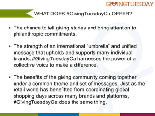WHAT DOES #GivingTuesdayCa OFFER?
• The chance to tell giving stories and bring attention to
philanthropic commitments.
• The strength of an international “umbrella” and unified
message that upholds and supports many individual
brands. #GivingTuesdayCa harnesses the power of a
collective voice to make a difference.
• The benefits of the giving community coming together
under a common theme and set of messages. Just as the
retail world has benefitted from coordinating global
shopping days across many brands and platforms,
#GivingTuesdayCa does the same thing.

 