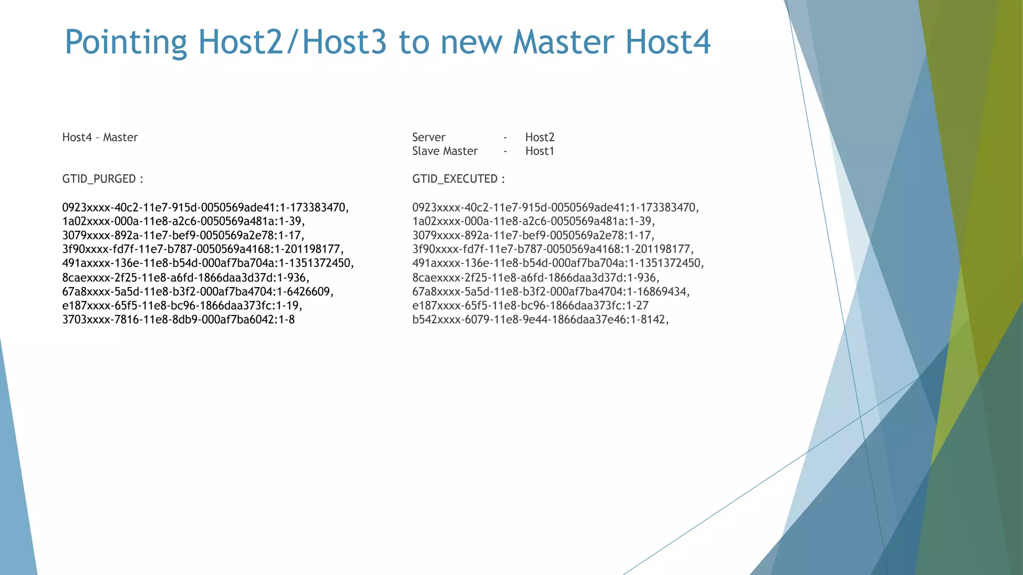 Host4 – Master GTID_PURGED : 0923xxxx-40c2-11e7-915d-0050569ade41:1-173383470, 1a02xxxx-000a-11e8-a2c6-0050569a481a:1-39, 3079xxxx-892a-11e7-bef9-0050569a2e78:1-17, 3f90xxxx-fd7f-11e7-b787-0050569a4168:1-201198177, 491axxxx-136e-11e8-b54d-000af7ba704a:1-1351372450, 8caexxxx-2f25-11e8-a6fd-1866daa3d37d:1-936, 67a8xxxx-5a5d-11e8-b3f2-000af7ba4704:1-6426609, e187xxxx-65f5-11e8-bc96-1866daa373fc:1-19, 3703xxxx-7816-11e8-8db9-000af7ba6042:1-8 Server - Host2 Slave Master - Host1 GTID_EXECUTED : 0923xxxx-40c2-11e7-915d-0050569ade41:1-173383470, 1a02xxxx-000a-11e8-a2c6-0050569a481a:1-39, 3079xxxx-892a-11e7-bef9-0050569a2e78:1-17, 3f90xxxx-fd7f-11e7-b787-0050569a4168:1-201198177, 491axxxx-136e-11e8-b54d-000af7ba704a:1-1351372450, 8caexxxx-2f25-11e8-a6fd-1866daa3d37d:1-936, 67a8xxxx-5a5d-11e8-b3f2-000af7ba4704:1-16869434, e187xxxx-65f5-11e8-bc96-1866daa373fc:1-27 b542xxxx-6079-11e8-9e44-1866daa37e46:1-8142, Pointing Host2/Host3 to new Master Host4 