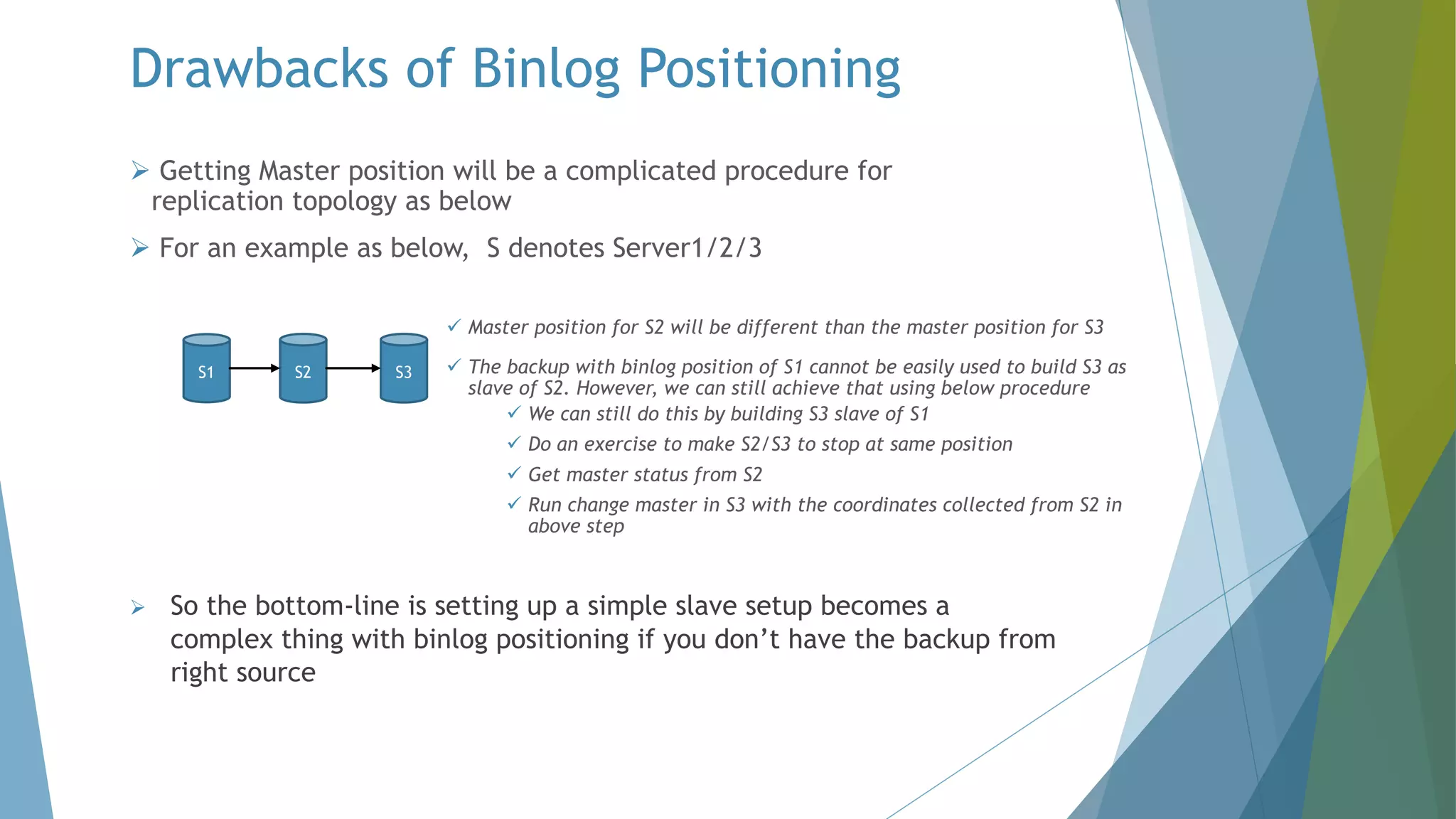 Drawbacks of Binlog Positioning Ø So the bottom-line is setting up a simple slave setup becomes a complex thing with binlog positioning if you don’t have the backup from right source S1 S2 S3 Ø Getting Master position will be a complicated procedure for replication topology as below Ø For an example as below, S denotes Server1/2/3 ü Master position for S2 will be different than the master position for S3 ü The backup with binlog position of S1 cannot be easily used to build S3 as slave of S2. However, we can still achieve that using below procedure ü We can still do this by building S3 slave of S1 ü Do an exercise to make S2/S3 to stop at same position ü Get master status from S2 ü Run change master in S3 with the coordinates collected from S2 in above step 