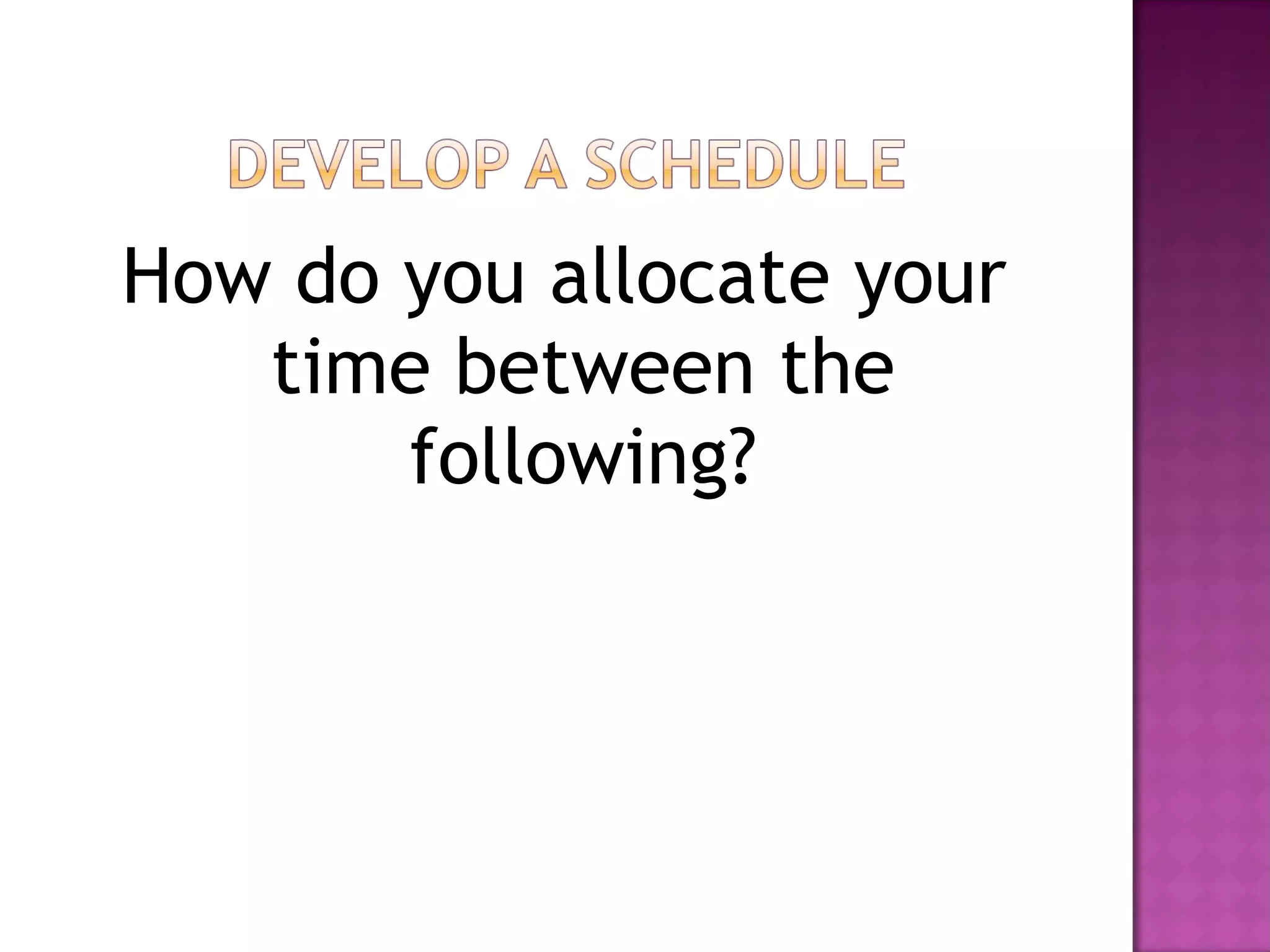 How do you allocate your time between the following? 