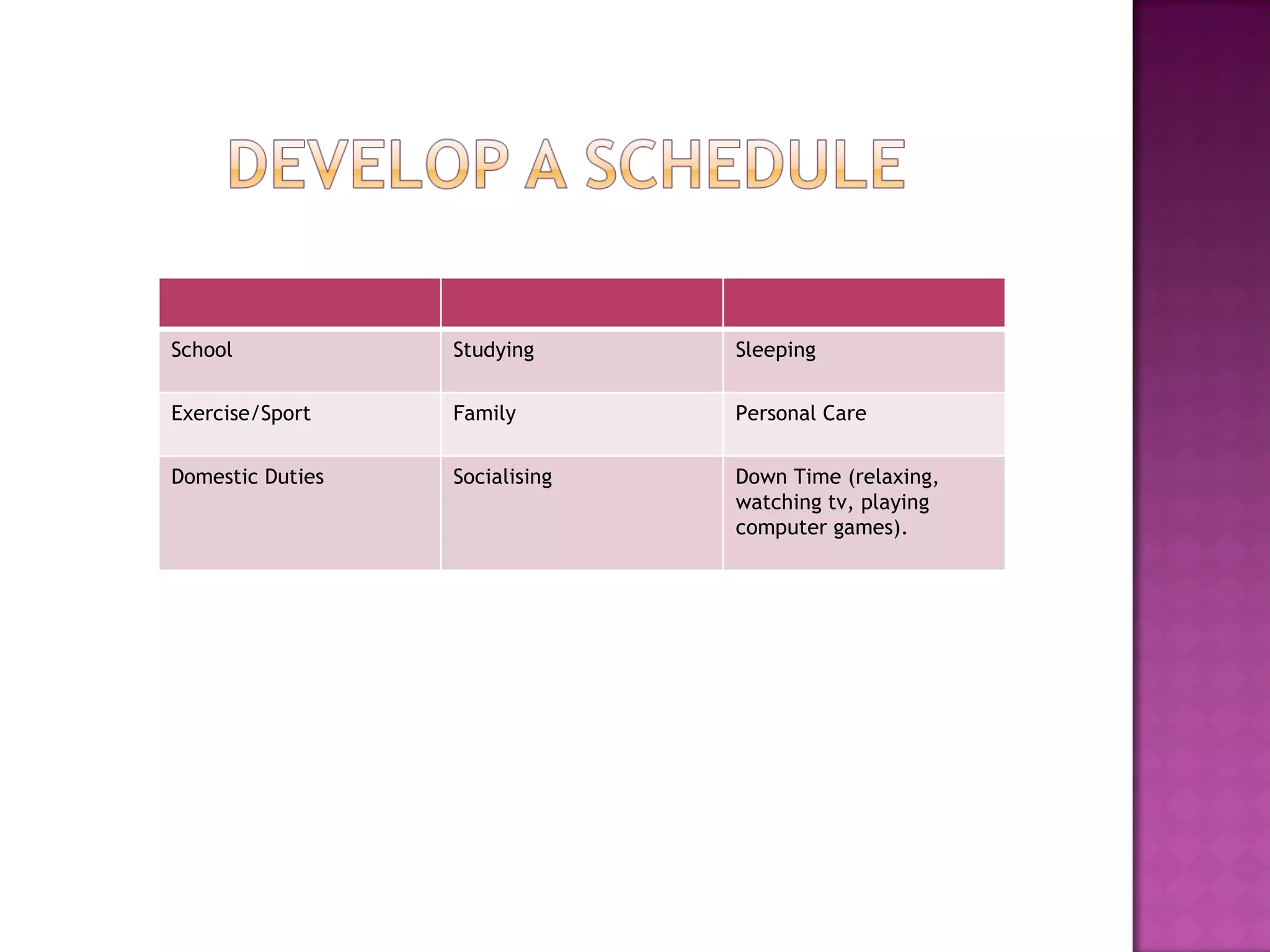 School Studying Sleeping Exercise/Sport Family  Personal Care Domestic Duties Socialising Down Time (relaxing, watching tv, playing computer games). 