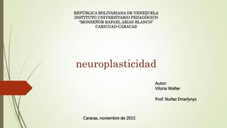 REPÚBLICA BOLIVARIANA DE VENEZUELA
INSTITUTO UNIVERSITARIO PEDAGÓGICO
“MONSEÑOR RAFAEL ARIAS BLANCO”
CARICUAO-CARACAS
neuroplasticidad
Prof. Nuñez Emarlynys
Autor:
Viloria Walter
Caracas, noviembre de 2015
 