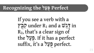 Recognizing the ‫ פֻּעַל‬Perfect

      If you see a verb with a
      ‫בֻּץ‬E under R1 and a ‫ דָּגֵשׁ‬in
      R2, that’s a clear sign of
      the ‫ .פֻּעַל‬If it has a perfect
      suffix, it’s a ‫ פֻּעַל‬perfect.
                                       23
 