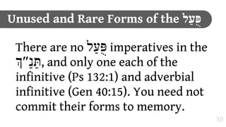 Unused and Rare Forms of the ‫פֻּעַל‬

 There are no ‫ פֻּעַל‬imperatives in the
 /‫ ,תַּנ1״‬and only one each of the
 infinitive (Ps 132:1) and adverbial
 infinitive (Gen 40:15). You need not
 commit their forms to memory.
                                         30
 