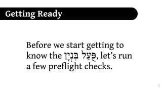 Getting Ready


    Before we start getting to
    know the ‫ ,פֻּעַל בִּנ)י'ן‬let’s run
    a few preflight checks.

                                        4
 