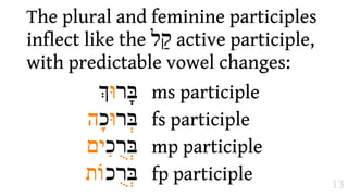 The plural and feminine participles
inflect like the ‫ "ל‬active participle,
with predictable vowel changes:
        #‫בָּר‬
           ‫וּ‬        ms participle
       ‫ וּ ה‬
        ָ‫בּרכ‬   ְ   fs participle
       ‫  ים‬
          ִ‫בּרכ‬
             ְֻ     mp participle
       ‫בּרכ וֹת‬ְֻ
                  fp participle        13
 