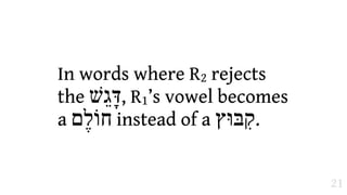 In words where R2 rejects
the ‫ ,דָּגֵשׁ‬R1’s vowel becomes
a ‫ חוֹלֶם‬instead of a ‫.;בּוּץ‬


                                21
 