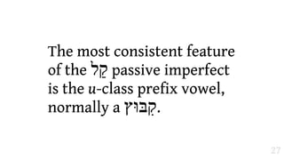 The most consistent feature
of the ‫ "ל‬passive imperfect
is the u-class prefix vowel,
normally a ‫.;בּוּץ‬

                               27
 