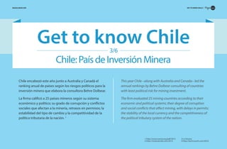 GET TO KNOW CHILE 3

MAGIALIQUID.COM

Get to know Chile
3/6

Chile: País de Inversión Minera
Chile encabezó este año junto a Australia y Canadá el
ranking anual de países según los riesgos políticos para la
inversión minera que elabora la consultora Behre Dolbear.

This year Chile –along with Australia and Canada– led the
annual rankings by Behre Dolbear consulting of countries
with least political risk for mining investment.

La firma calificó a 25 países mineros según su sistema
económico y político; su grado de corrupción y conflictos
sociales que afectan a la minería, retrasos en permisos; la
estabilidad del tipo de cambio y la competitividad de la
política tributaria de la nación. 1

The ﬁrm evaluated 25 mining countries according to their
economic and political systems; their degree of corruption
and social conﬂicts that affect mining, with delays in permits;
the stability of the local currency and the competitiveness of
the political tributary system of the nation.

1 http://www.nwma.org/pdf/2012
2 http://mineriachile.com/2012

3 La Tercera
4 http://techcrunch.com/2010

 