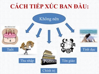 CÁCH TIẾP XÚC BAN ĐẦU:
Tuổi
Không nên
Thu nhập
Chính trị
Tôn giáo
Tình dục
 