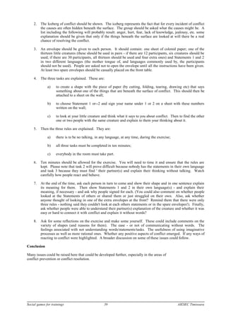 2. The Iceberg of conflict should be shown. The iceberg represents the fact that for every incident of conflict
the causes are often hidden beneath the surface. The group should be asked what the causes might be. A
list including the following will probably result: anger, hurt, fear, lack of knowledge, jealousy, etc. some
explanation should be given that only if the things beneath the surface are looked at will there be a real
chance of resolving the conflict.
3. An envelope should be given to each person. It should contain: one sheet of colored paper; one of the
thirteen little creatures (these should be used in pairs - if there are 12 participants, six creatures should be
used; if there are 30 participants, all thirteen should be used and four extra ones) and Statements 1 and 2
in two different languages (the mother tongue of, and languages commonly used by, the participants
should not be used). People are asked not to open the envelope until all the instructions have been given.
At least two spare envelopes should be casually placed on the front table.
4. The three tasks are explained. These are:
a) to create a shape with the piece of paper (by cutting, folding, tearing, drawing etc) that says
something about one of the things that are beneath the surface of conflict. This should then be
attached to a sheet on the wall;
b) to choose Statement 1 or--2 and sign your name under 1 or 2 on a sheet with these numbers
written on the wall;
c) to look at your little creature and think what it says to you about conflict. Then to find the other
one or two people with the same creature and explain to them your thinking about it.
5. Then the three rules are explained. They are:
a) there is to be no talking, in any language, at any time, during the exercise;
b) all three tasks must be completed in ten minutes;
c) everybody in the room must take part.
6. Ten minutes should be allowed for the exercise. You will need to time it and ensure that the rules are
kept. Please note that task 2 will prove difficult because nobody has the statements in their own language
and task 3 because they must find ' their partner(s) and explain their thinking without talking. Watch
carefully how people react and behave.
7. At the end of the time, ask each person in turn to come and show their shape and in one sentence explain
its meaning for them. Then show Statements 1 and 2 in their own language(s) - and explain their
meaning, if necessary - and ask why people signed for each. (You could also comment on whether people
looked at the Statements of others or shared them or just struggled on their own. Also, ask whether
anyone thought of looking in one of the extra envelopes at the front? Remind them that there were only
three rules - nothing said they couldn't look at each others statements or in the spare envelopes!). Finally,
ask whether people were able to understand their partner(s) explanation of the creature and whether it was
easy or hard to connect it with conflict and explain it without words?
8. Ask for some reflections on the exercise and make some yourself. These could include comments on the
variety of shapes (and reasons for them). The ease - or not of communicating without words. The
feelings associated with not understanding words/statements/tasks. The usefulness of using imaginative
processes as well as more rational ones. Whether any positive aspects of conflict emerged. If any ways of
reacting to conflict were highlighted. A broader discussion on some of these issues could follow.
Conclusion
Many issues could be raised here that could be developed further, especially in the areas of
conflict prevention or conflict resolution.
Social games for trainings 39 AIESEC Timisoara
 