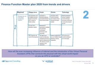 Finance Function Master plan 2020 from trends and drivers 26 June, 2009 How will the ever increasing influence of internet and the introduction of the Virtual Personal Assistant (VPA) that connects the physical with the virtual world impact on you as CFO or controller? Good To Know More; Finance Vision 2020 Bringing the real and virtual world more together 
