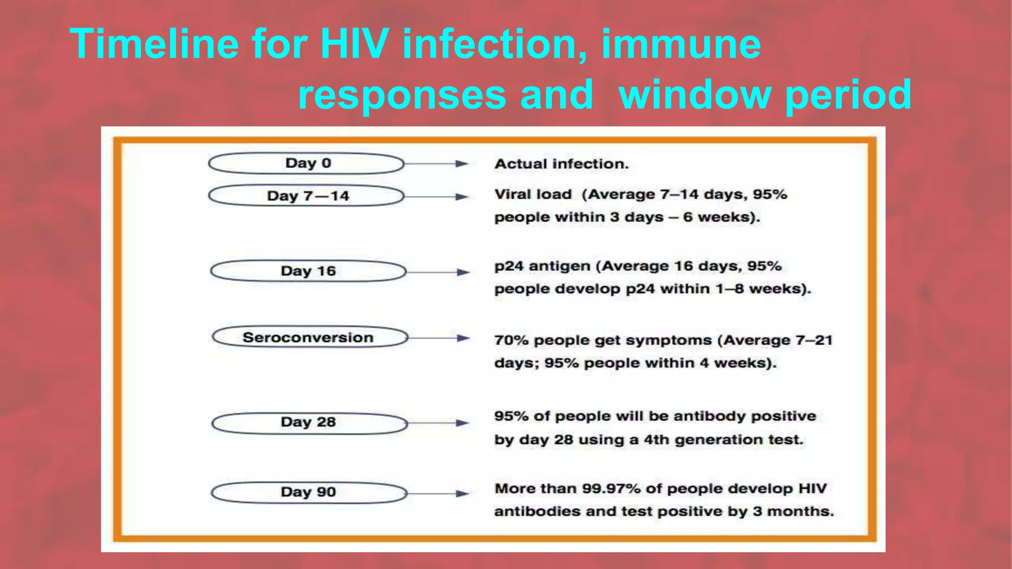 Timeline for HIV infection, immune
responses and window period
for tests
 