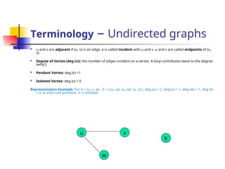 Terminology – Undirected graphs
 u and v are adjacent if {u, v} is an edge, e is called incident with u and v. u and v are called endpoints of {u,
v}
 Degree of Vertex (deg (v)): the number of edges incident on a vertex. A loop contributes twice to the degree
(why?).
 Pendant Vertex: deg (v) =1
 Isolated Vertex: deg (v) = 0
Representation Example: For V = {u, v, w} , E = { {u, w}, {u, w}, (u, v) }, deg (u) = 2, deg (v) = 1, deg (w) = 1, deg (k)
= 0, w and v are pendant , k is isolated
u
k
w
v
 