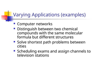 Varying Applications (examples)
 Computer networks
 Distinguish between two chemical
compounds with the same molecular
formula but different structures
 Solve shortest path problems between
cities
 Scheduling exams and assign channels to
television stations
 
