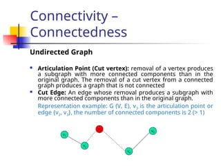 Connectivity –
Connectedness
Undirected Graph
 Articulation Point (Cut vertex): removal of a vertex produces
a subgraph with more connected components than in the
original graph. The removal of a cut vertex from a connected
graph produces a graph that is not connected
 Cut Edge: An edge whose removal produces a subgraph with
more connected components than in the original graph.
Representation example: G (V, E), v3 is the articulation point or
edge {v2, v3}, the number of connected components is 2 (> 1)
v1
v2
v3
v4
v5
 
