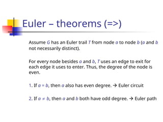 Euler – theorems (=>)
Assume G has an Euler trail T from node a to node b (a and b
not necessarily distinct).
For every node besides a and b, T uses an edge to exit for
each edge it uses to enter. Thus, the degree of the node is
even.
1. If a = b, then a also has even degree.  Euler circuit
2. If a  b, then a and b both have odd degree.  Euler path
 