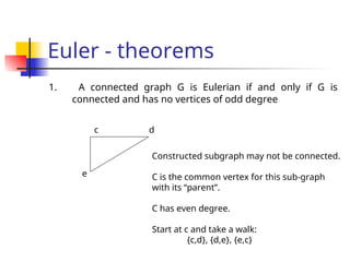 Euler - theorems
1. A connected graph G is Eulerian if and only if G is
connected and has no vertices of odd degree
c d
e
Constructed subgraph may not be connected.
C is the common vertex for this sub-graph
with its “parent”.
C has even degree.
Start at c and take a walk:
{c,d}, {d,e}, {e,c}
 