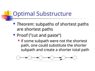 Optimal Substructure
 Theorem: subpaths of shortest paths
are shortest paths
 Proof (”cut and paste”)
 if some subpath were not the shortest
path, one could substitute the shorter
subpath and create a shorter total path
 