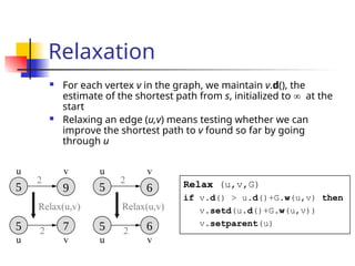 Relaxation
 For each vertex v in the graph, we maintain v.d(), the
estimate of the shortest path from s, initialized to at the
start
 Relaxing an edge (u,v) means testing whether we can
improve the shortest path to v found so far by going
through u

u v
v
u
2
2

 
Relax(u,v)

u v
v
u
2
2

 
Relax(u,v)
Relax (u,v,G)
if v.d() > u.d()+G.w(u,v) then
v.setd(u.d()+G.w(u,v))
v.setparent(u)
 